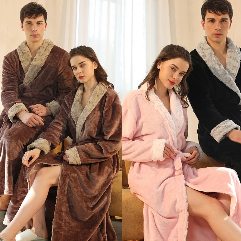 

Loose Homewear Thickened Long Flannel Sleepwear Warm Coral Fleece Bathrobe Gown Couple Robe Nightdress Autumn Winter Lounge Wear