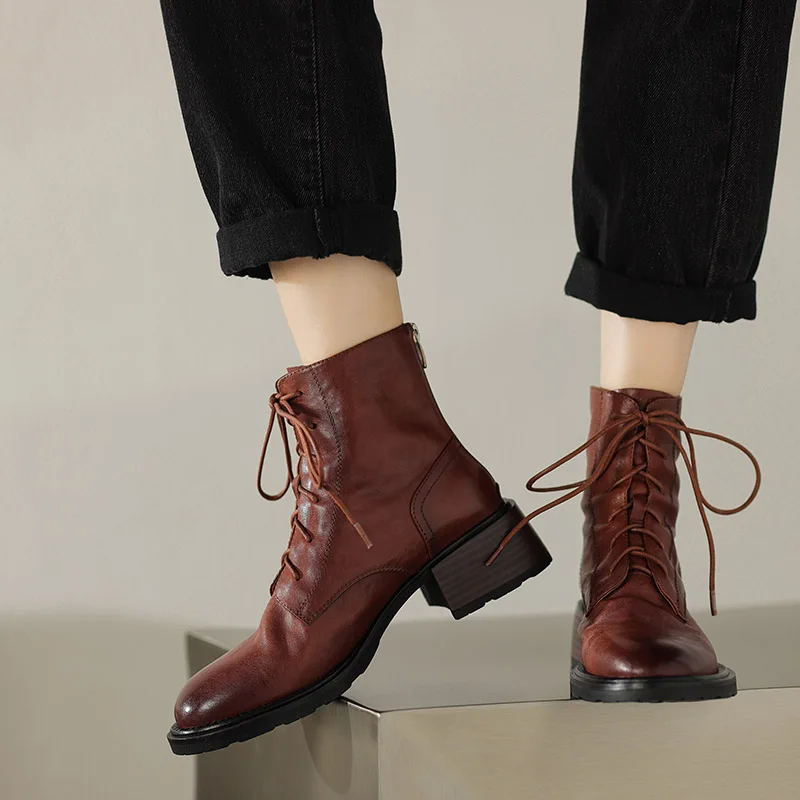 Phoentin Genuine Leather Women Short Boots 2024 Autumn Winter Round Toe Thick Heel Lace Up Fashion Ankle Boot Retro shoes FT2887