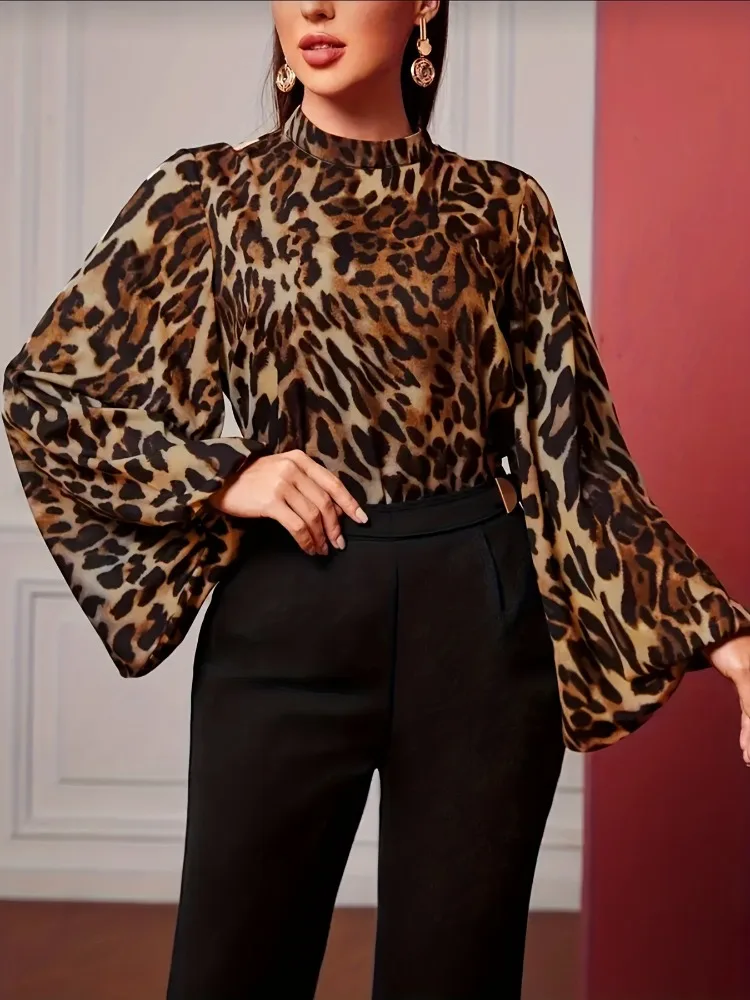 

Bonboho женская рубашка с леопардовым принтом, круглый вырез, пышные рукава, свободная футболка, осень 2021, стильный пуловер, блузка