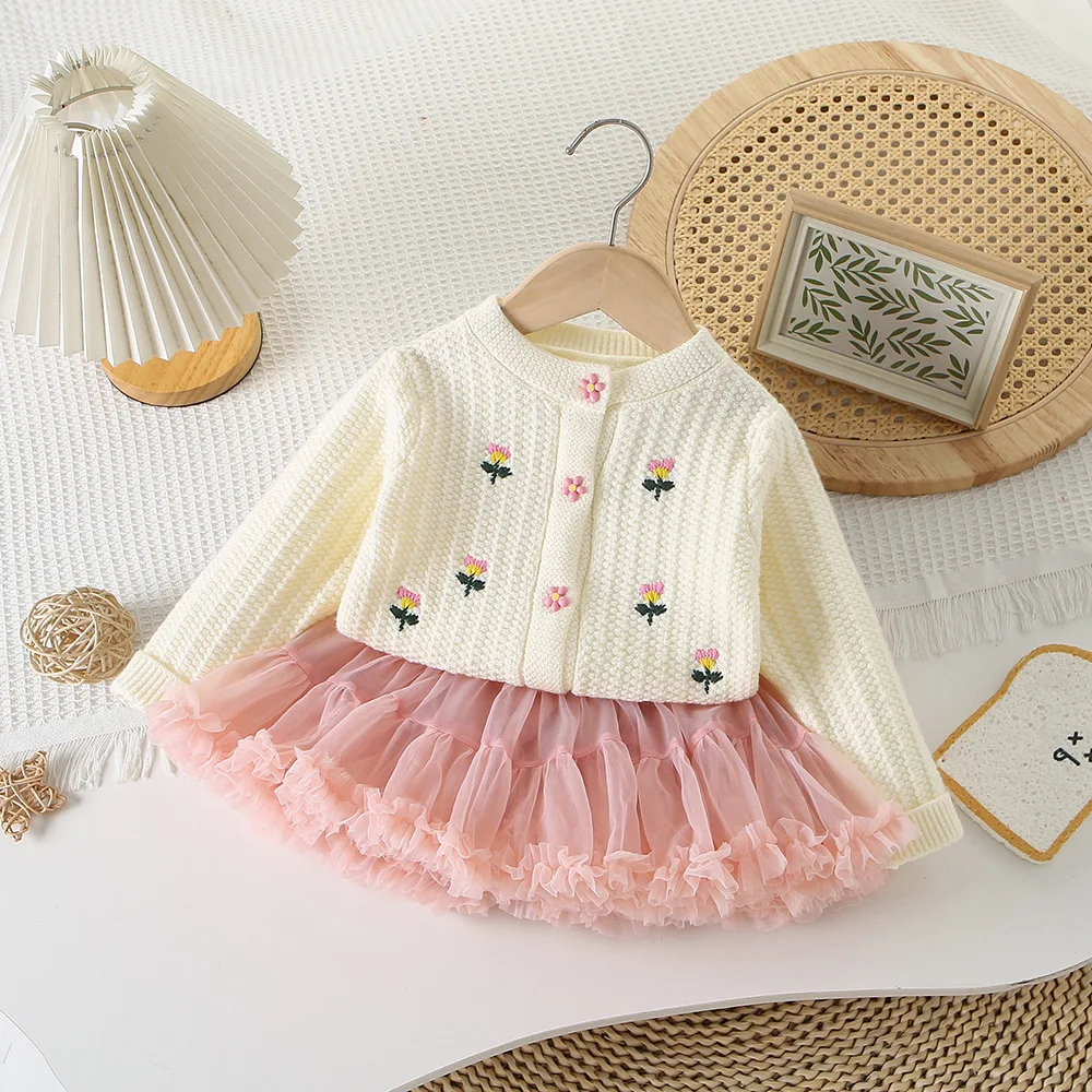 

Girls Knitted Clothes Sets Spring Autumn Children Woolen Jersey Sweaters Tutu Dress 2pcs Skirts Suit For Baby Outfits Kids 5 6Y