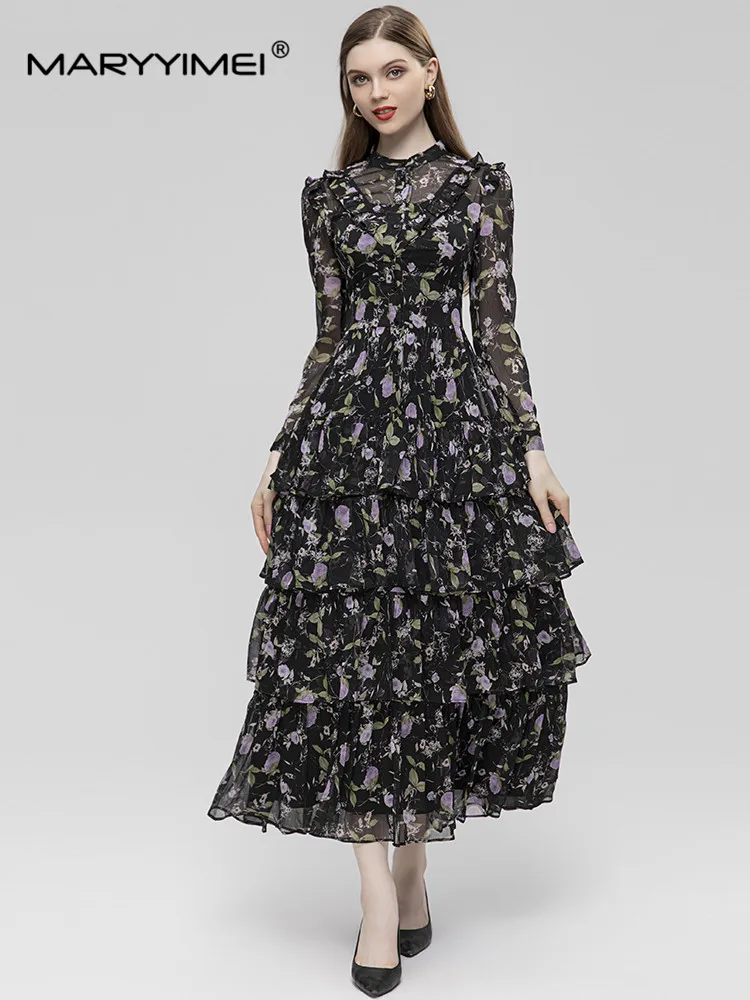 MARYYIMEI Spring Autumn Summer Women'sLantern Sleeves Patchwork Floral-Print Cascading Ruffle Slim Elegant Chiffon Dresses