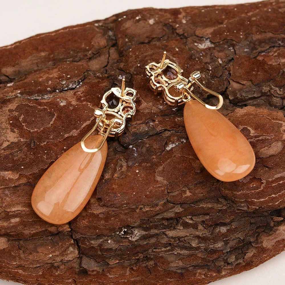 GG Natural Stone Yellow Jades Mix Color Crystal Gold Color Teardrop Stud Earrings Luxury Lady Party Jewelry Cute Gifts