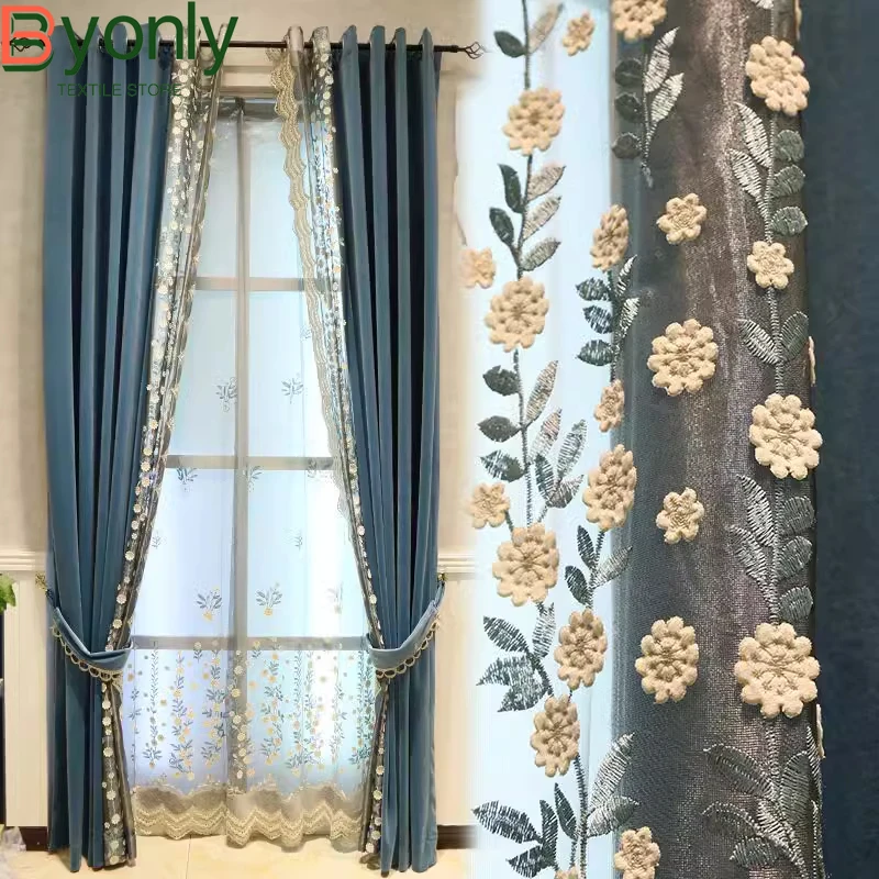 New French Light Luxury Blue-gray Embroidered Window Screen Spliced Velvet Curtains Custom Windows for Living Room and Bedroom