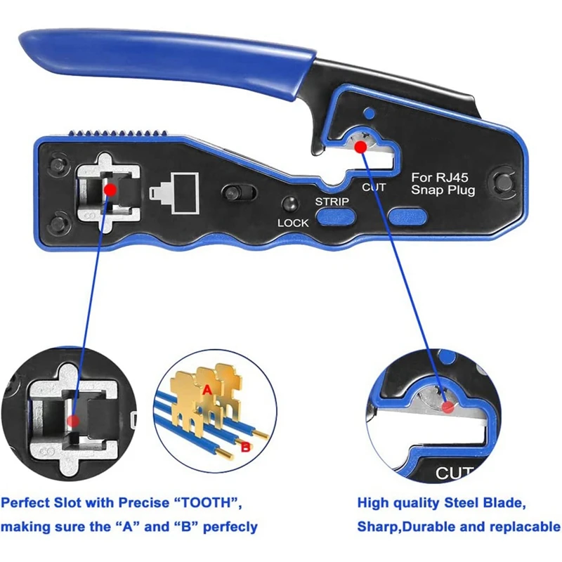 RJ45 Crimping Tool Kit Pass Through Crimper Stripper Cutter For Cat5 Cat6 Pass Through Connector With Cable Tester