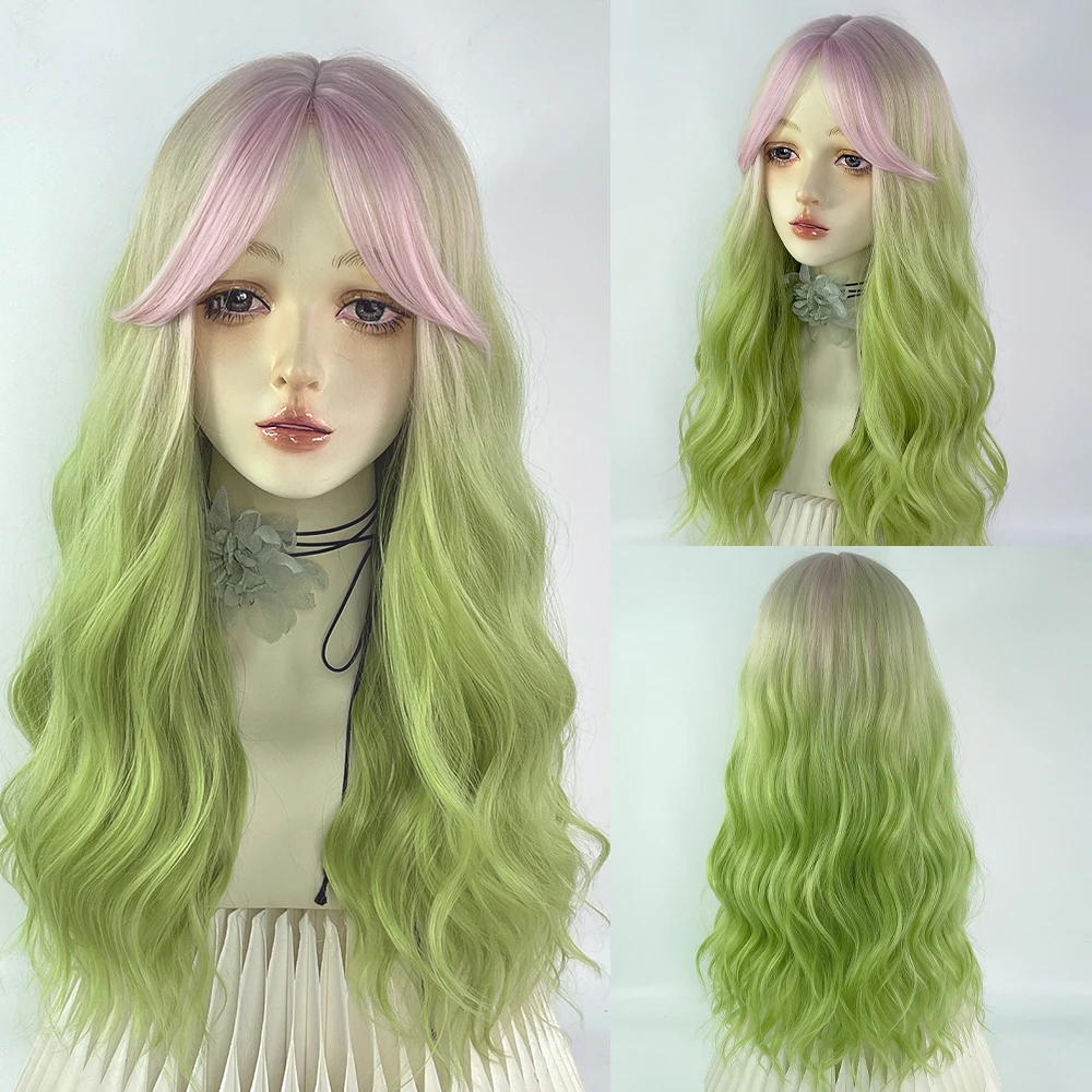 

Long Wavy Pink Ombre Green Synthetic Wig Middle Part Fluffy Lolita Cosplay Women Wig for Daily Party
