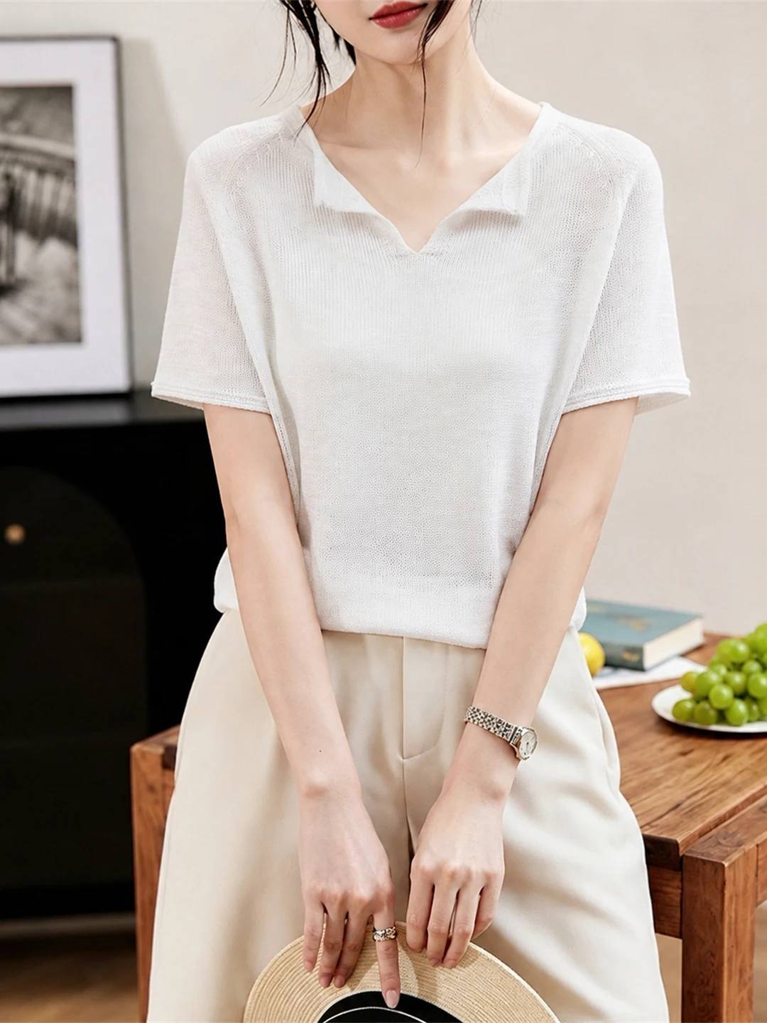 Korean Style Minimalist Short Sleeve Knitted Shirt Comfortable Skin-Friendly Loose Fit Versatile Women's Top Summer Fashion