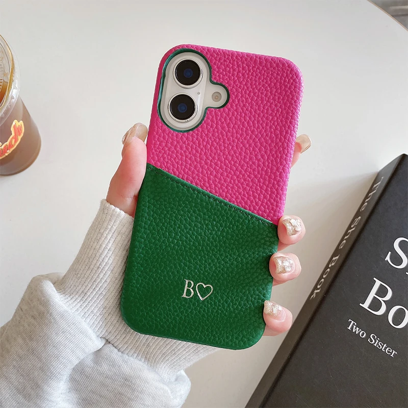 

Customized engraving Letter Name Love Symbol Leather Phone Case For iPhone16 15 14 13 12Promax 16e 16PLus CardHolder Cover