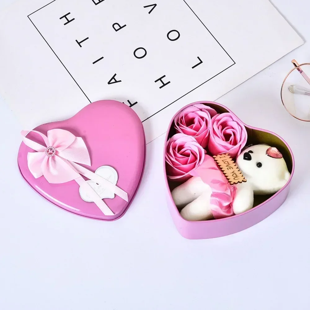 

Teddy Bear Heart Shaped Iron Box Imitation Valentine's Day Gift Soap Flower Imitation Rose Bundle Gift Box Set A for Girlfriend