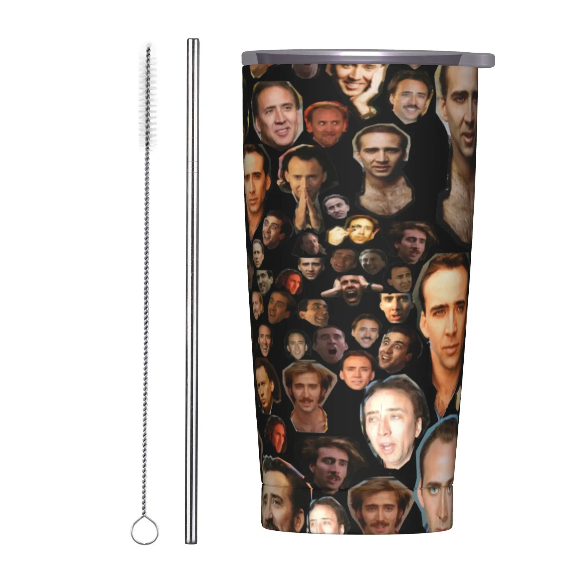 Nicolas Cage Faces Collage Insulated Tumbler with Straws Lid  Vacuum Thermal Mug Outdoor Portable Hot Cold Drinks Cup, 20oz