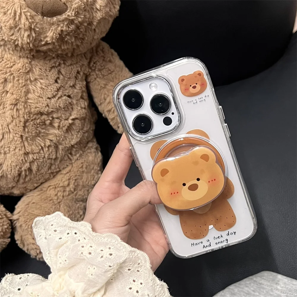 

Korean Cute Cartoon Teddy Bear Magnetic Holder Magsafe Wireless Charge Case For iPhone 13 14 15 16 Pro Max HD clear Bumper Cover