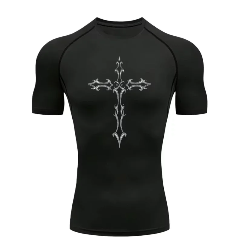 2026 Vintage Cross Print Men's Sports T-shirt Training Fitness Compression Shirt Gothic Pattern Sport T-Shirt Gym Fitness Tops