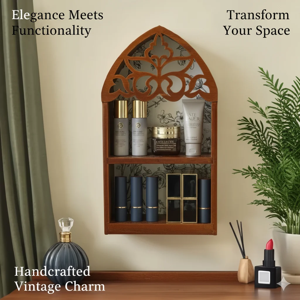 

New Arched Hollow Carved Wooden Wall Shelf Vintage Gothic Multi Layer Storage Display Rack for Cosmetic Crystal Home Background