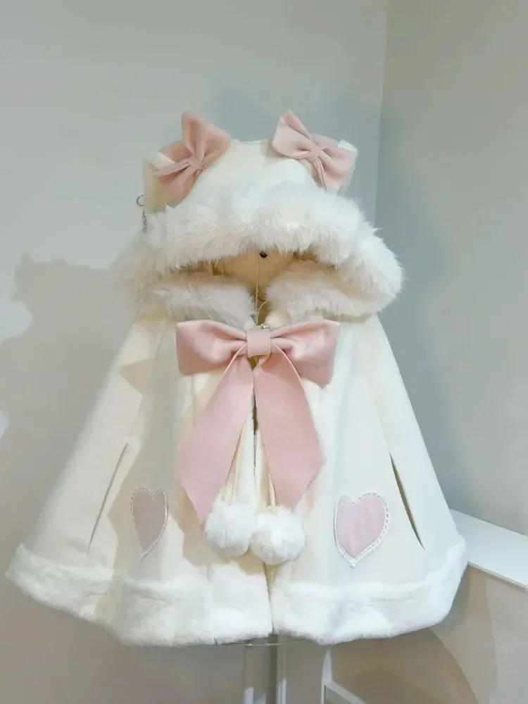 

Winter 2025 New Lolita Cute Cloak Women Design Bow Hooded Patchwork Kawaii Cope Coat Female Warm Chic Sweet Fur Collar Overcoat