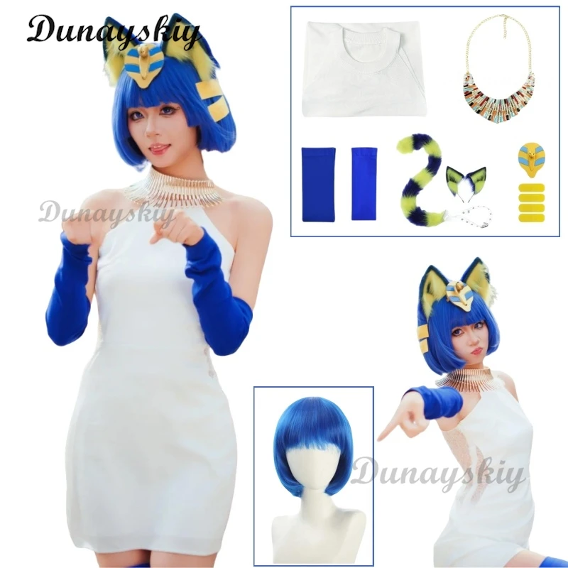 

Anime Egyptian Cat White Dress Cosplay Costume Wig Animal Crossing Style Full Set Accessories Women's Role Play Costume