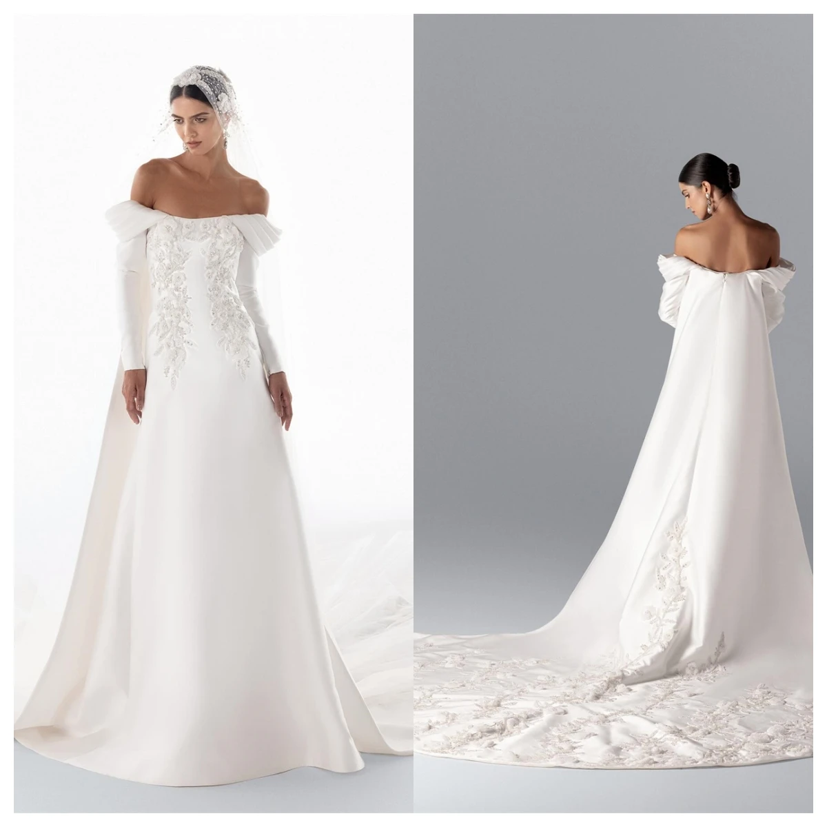 CustomizedCustomized Exquisite White Satin Evening Dress Boat Neck Off the Shoulder Long Sleeves Bridal Gowns Appliques Bridal P image 2