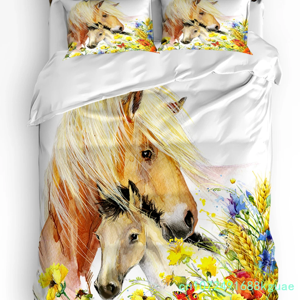 Color Animal Horse Watercolor Flowers Bedding Set 3pcs Duvet Cover Pillowcase Kids Adult Quilt Cover Double Bed Set Home Textile