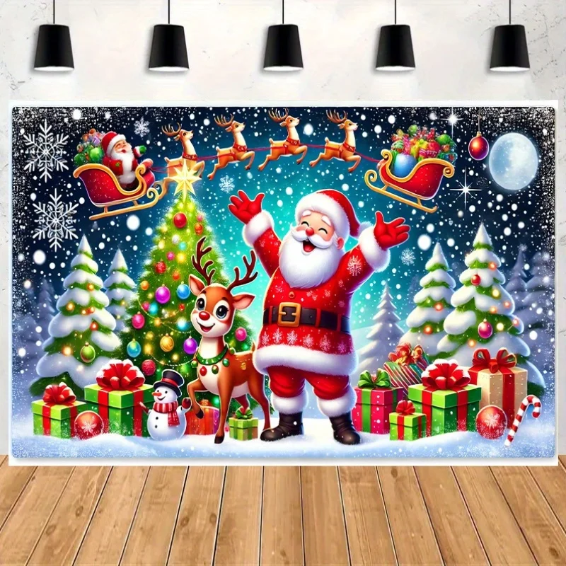 2D Flat, 213.36x152.4 cm Santa Claus Backdrop - Santa and Reindeer Delivering Gifts, Snowflake Pattern - No Power Required Party