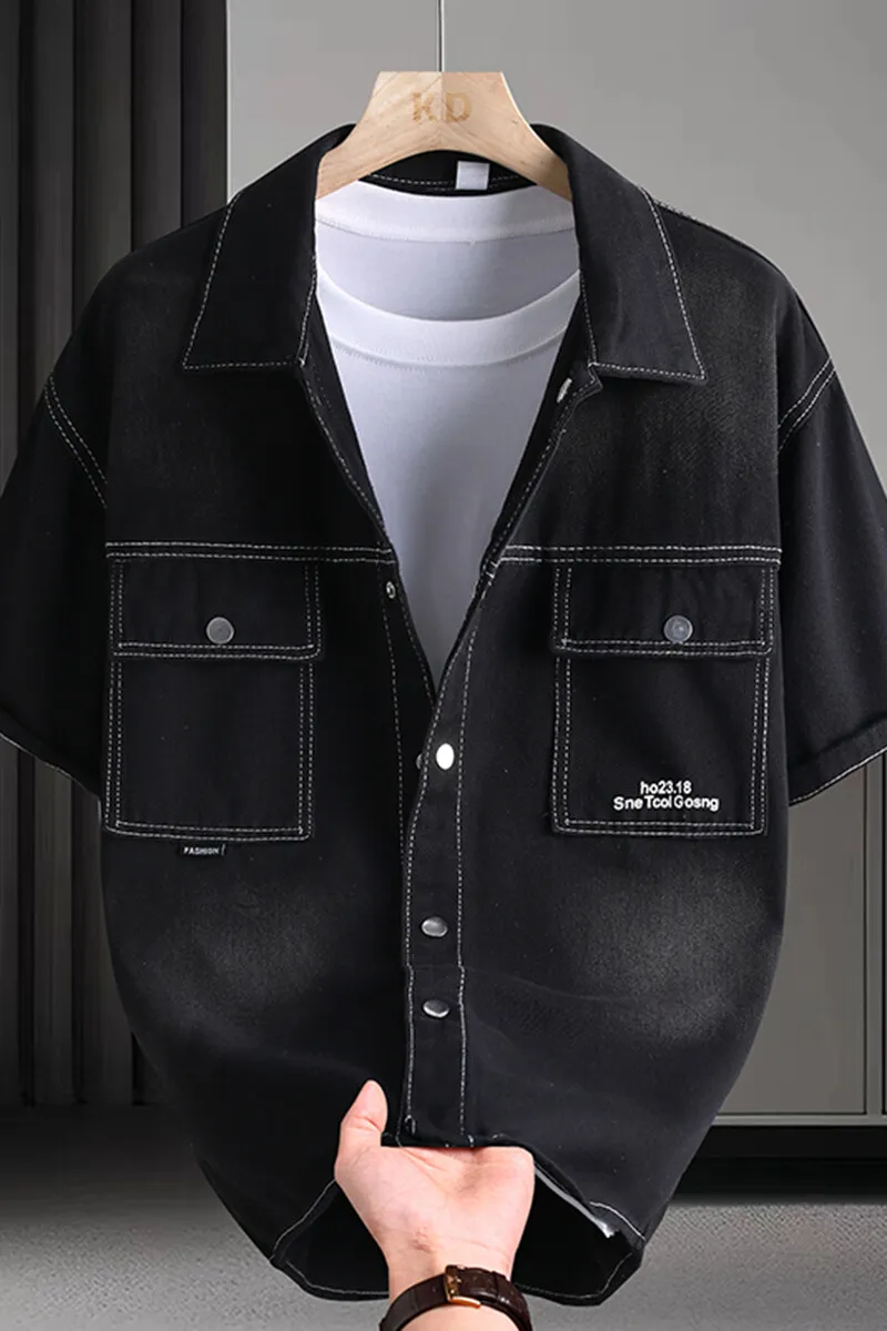 Immagine 7: Camicia in Denim da Uomo, Moda Estiva, Tinta Unita, Traspirante, in Misto Cotone, Casual, Manica Corta, Stile Urbano