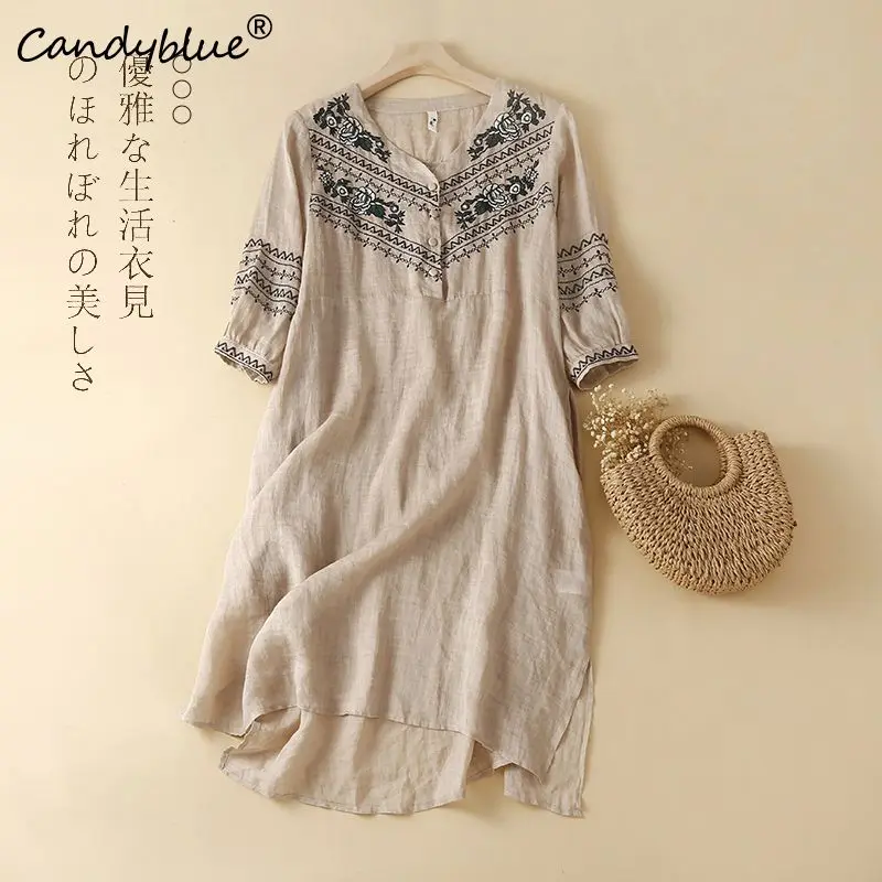 Women Dress 2023 Summer New Cotton Hemp Fashion Vintage Ethnic Embroidery Artistic Temperament V-Neck Dresses Female Clothing