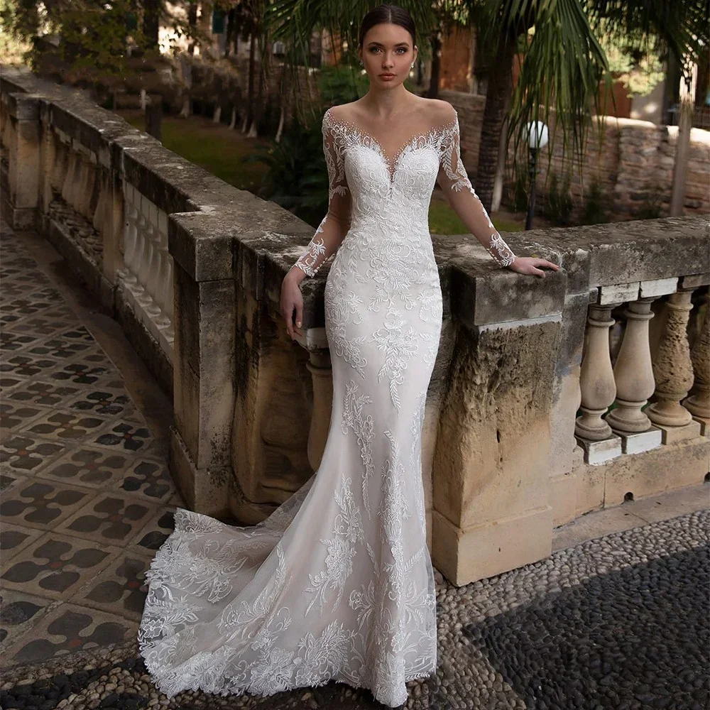 

Luxury Crystal Wedding Dress Mermaid For Women Beading Sweetheart Lace Applique Sheer Illusion Long Bridal Gown Court Train 2024