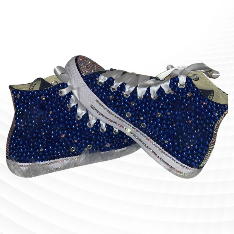 Dark Blue High Top Ribbon Canvas Shoes Comfortable Walking Sneakers Handmade Rhinestone Comfortable Vulcanized Shoes 35-46