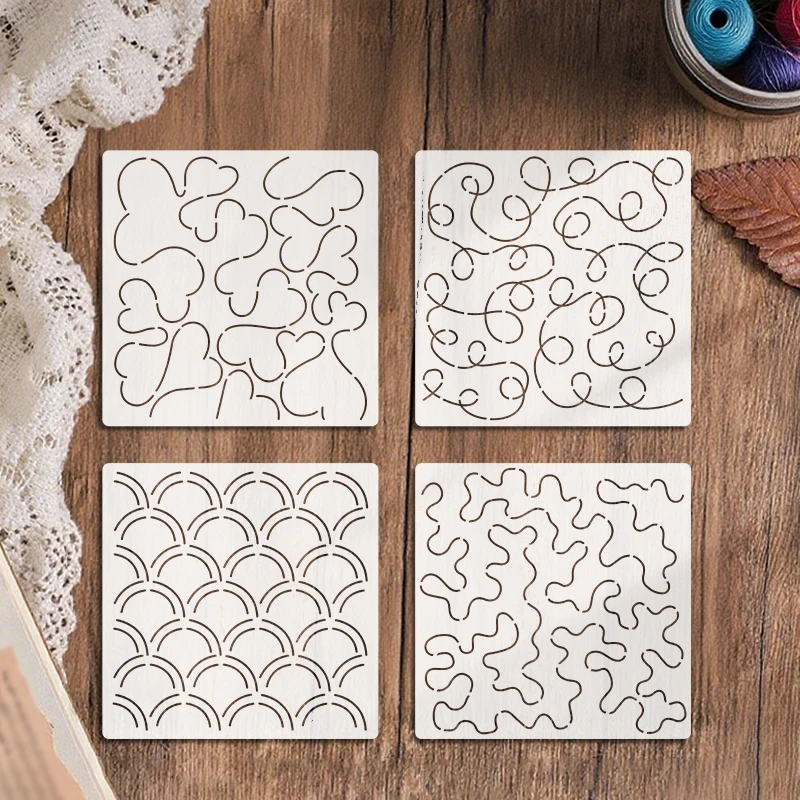 YOMDID 4pcs Sashiko Embroidery Template DIY Abstract Lines and Geometric Heart Design PET Template for DIY Fabric Art Projects