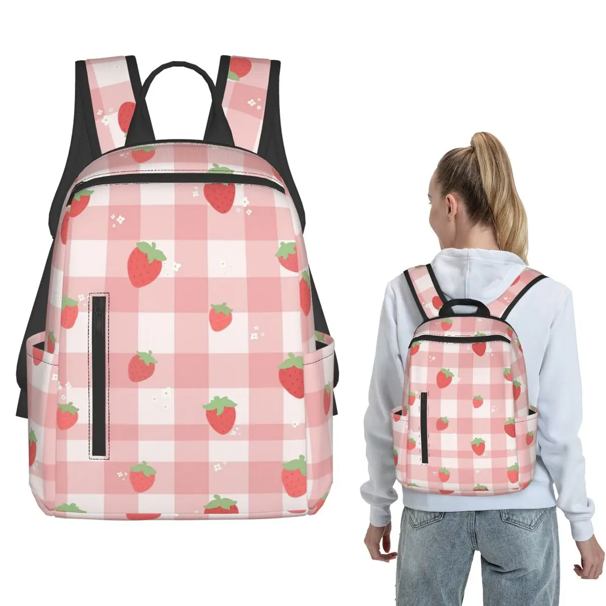 Strawberry Plaid Backpack Daypack Boys Girls BookBag School Bag Shoulder Bags for Men Women