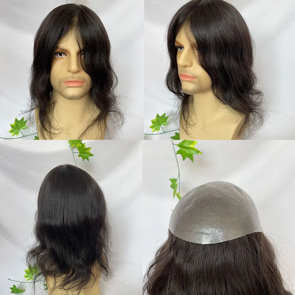 วิกผมจริงทรงยาว12นิ้วสำหรับผู้ชายและผู้หญิง Wigs10x8inch เปลี่ยนผมหนัง PU แบบบางมีสายคาดผมสีดำยาว0.04-0.06มม.