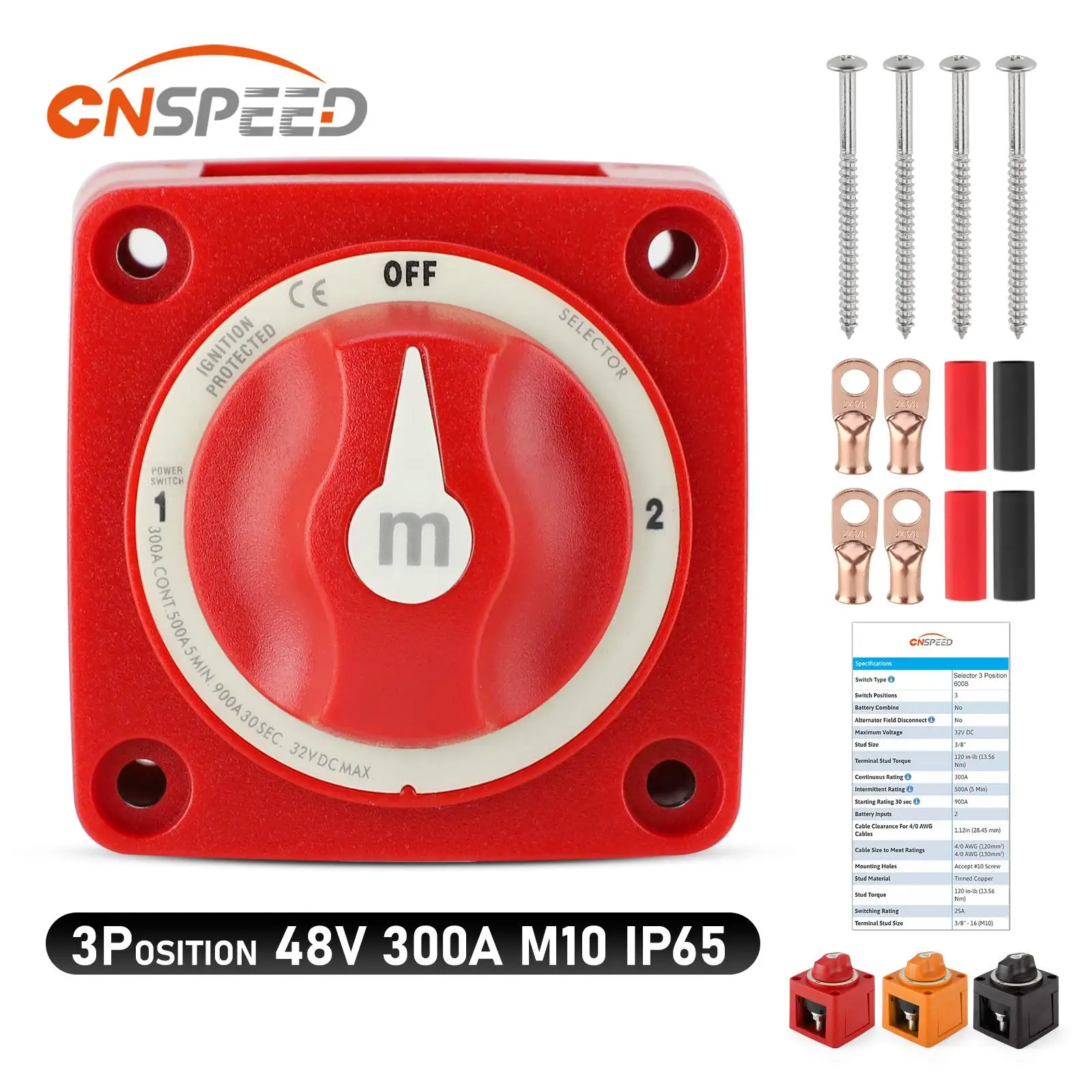 CNSPEED M-Series 3 Position 1-OFF-2 Battery Disconnect Rotary Switch Terminal Stud 3/8