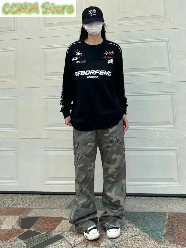 

Women's Camouflage Slanted Bag Cargo Pants Hip-hop Fashion Vintage Streetwear Y2K Wide Leg Female Trouser Baggy Pants