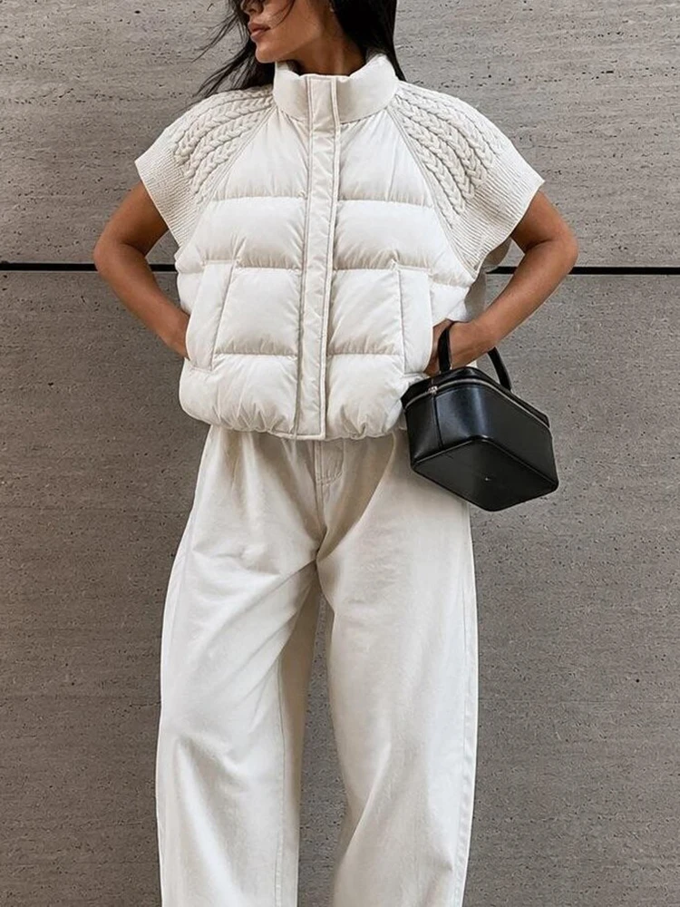 Damen Gestrickte Patchwork-Weste mit Stehkragen, Ärmellos, Reißverschluss, Kurz Geschnitten, Locker Sitzend, für Layering, Oberbekleidung 2026, Warme Winterjacke für Damen – Detail 11