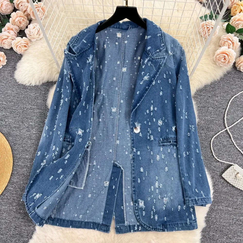 Neploe Sweet Sexy Vintage Denim Set Veste Femme Fresh Korea French Style Sling Mid-length Flash Hong Kong Style Casual Suit Coat