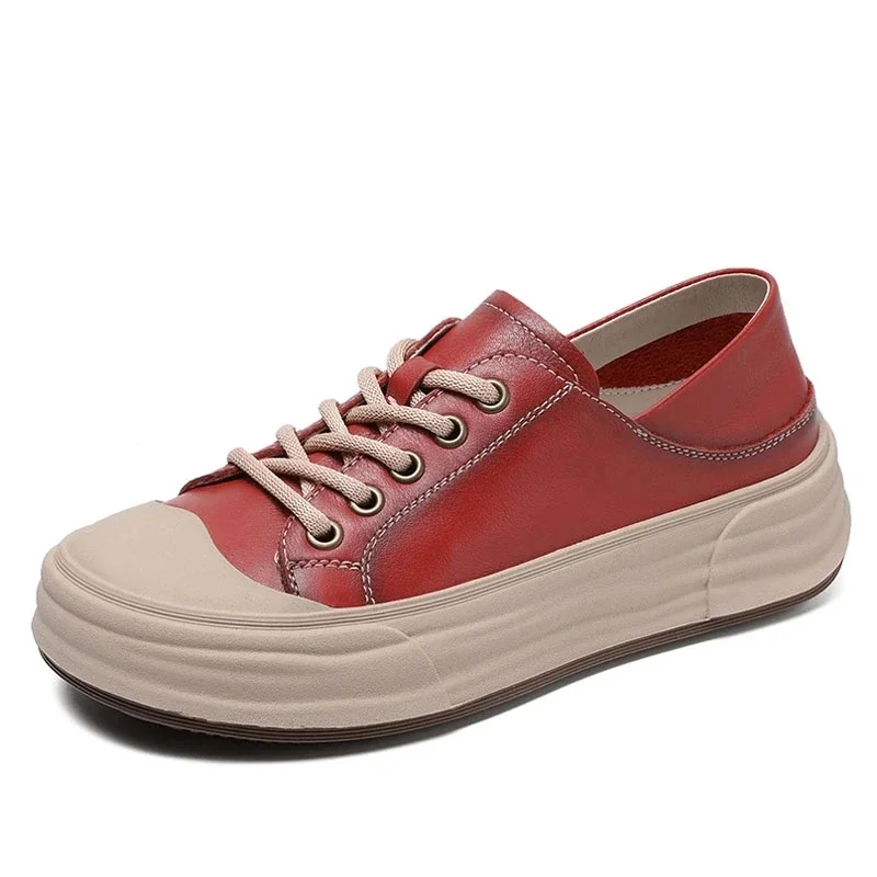 Genuine Leather Casual Flats Shoes Women Spring New Round Toe Lace-up Soft Bottom Leisure Vulcanize Shoes обувь женская