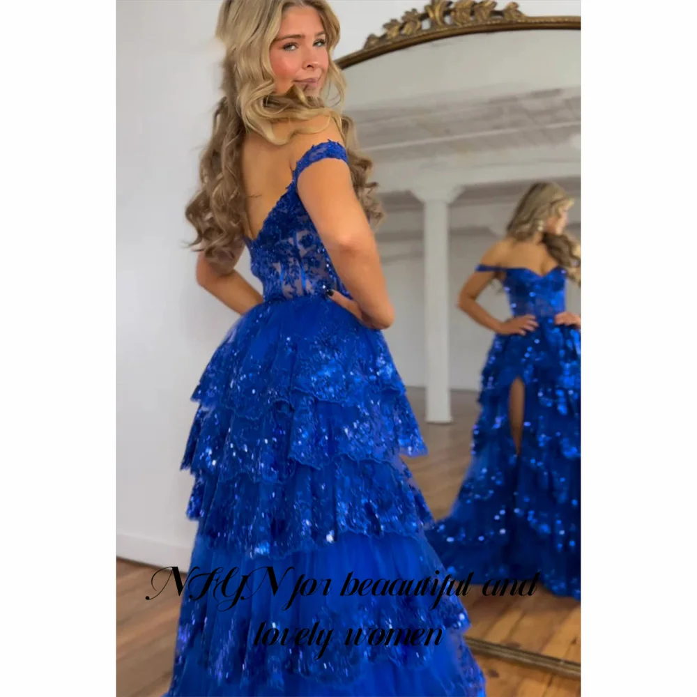 NFYN Glitter Royal Blue Prom Dress Exquisite Tiered Layer Party Dress High Split Off Shoulder Formal Dresses Gown Customized image 4