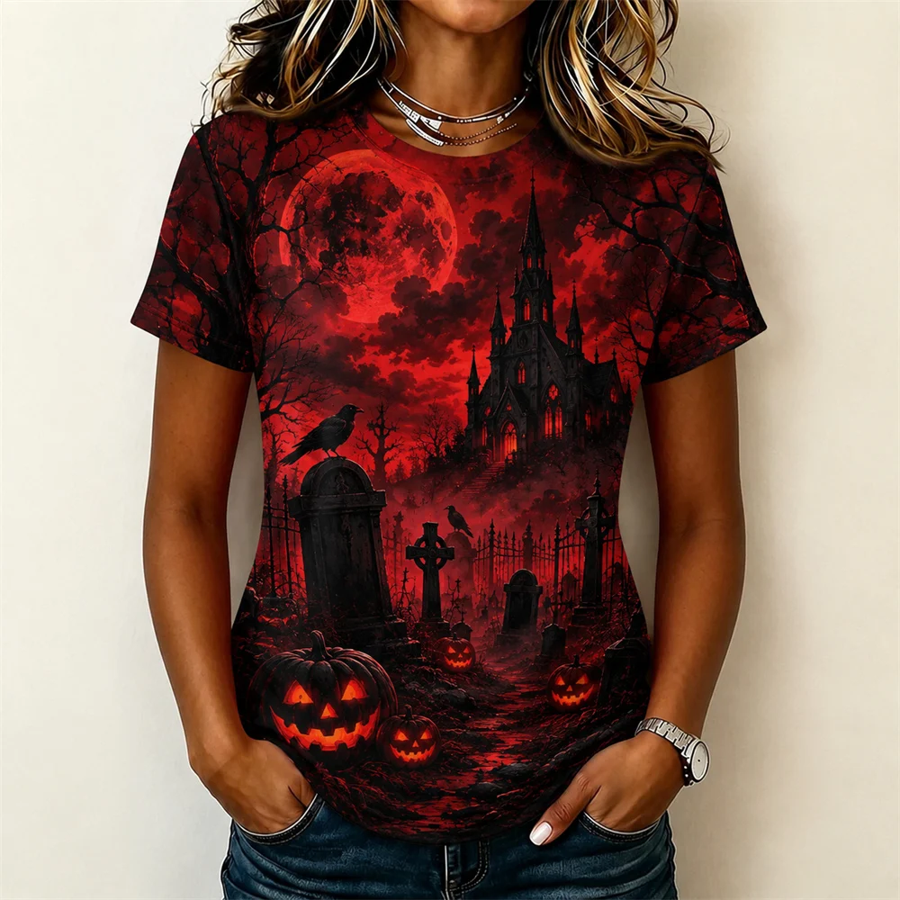 Halloween T-shirt For Men Women Dark Landscape Graphic Tee Haunted Castle Raven Pumpkin Red Sky Short Sleeve Horror Casual Tee