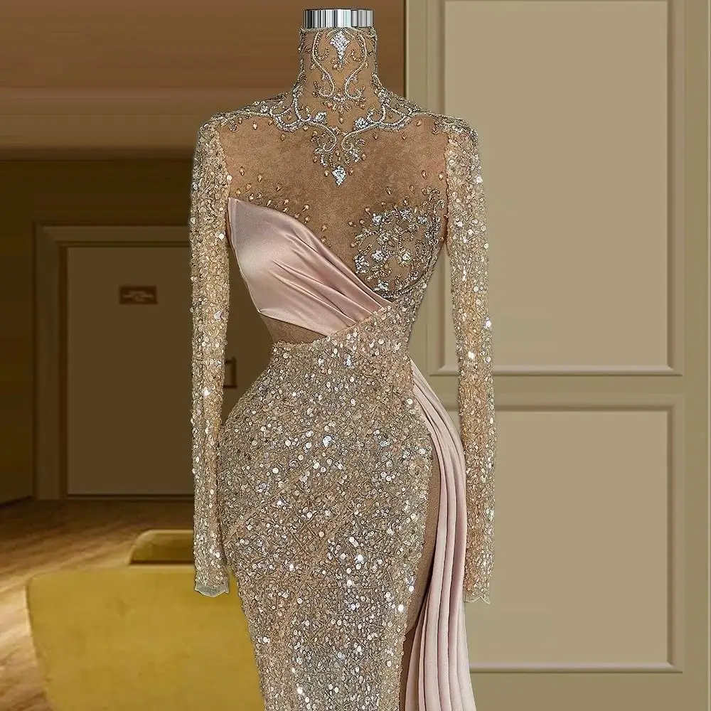 Shiny Glitter Mermaid Evening Dresses Crystals Sequins Long Sleeves Prom Gowns Custom Made High Neck Side Split Party Dresses