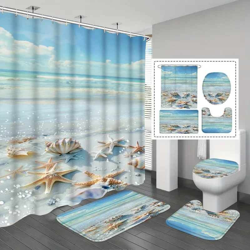1/3/4Pc Fresh Ocean Style Beach Shell Shower Curtain Waterproof and Mildew-Proof Bathroom Partition Curtain