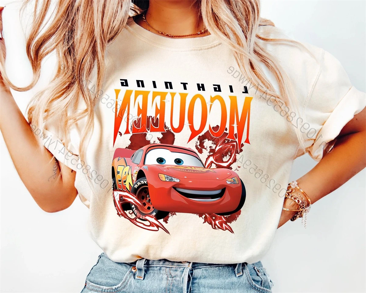 

Fashion Retro Disney Cars Group Character Portrait Lightning Mcqueen T-Shirt Women'S Loose Casual Vacation Cotton Tee Loose Top