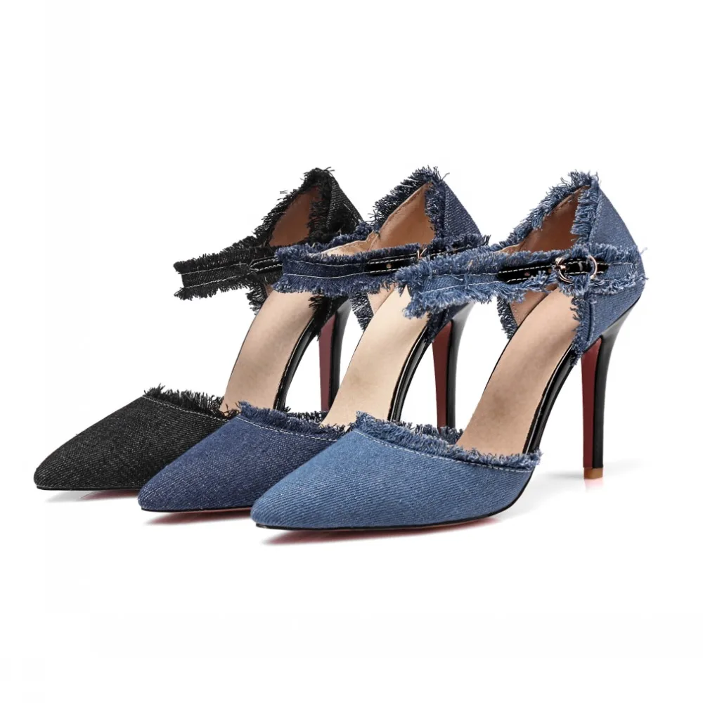 European and American denim blue pointed toe thin super high heel strap women\'s flats new stiletto shallow mouth hollow high heels women\'s fashion