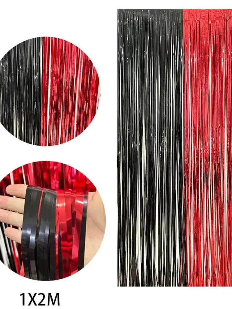 2 Stück/Schwarz-Rote Party-Girlanden als Hintergrund – Folienfransen-Lametta für Stranger Things-/Freitag-/Halloween-Party-Dekorationen – 3,2 Fuß x 8,2 Fuß – Detail 6
