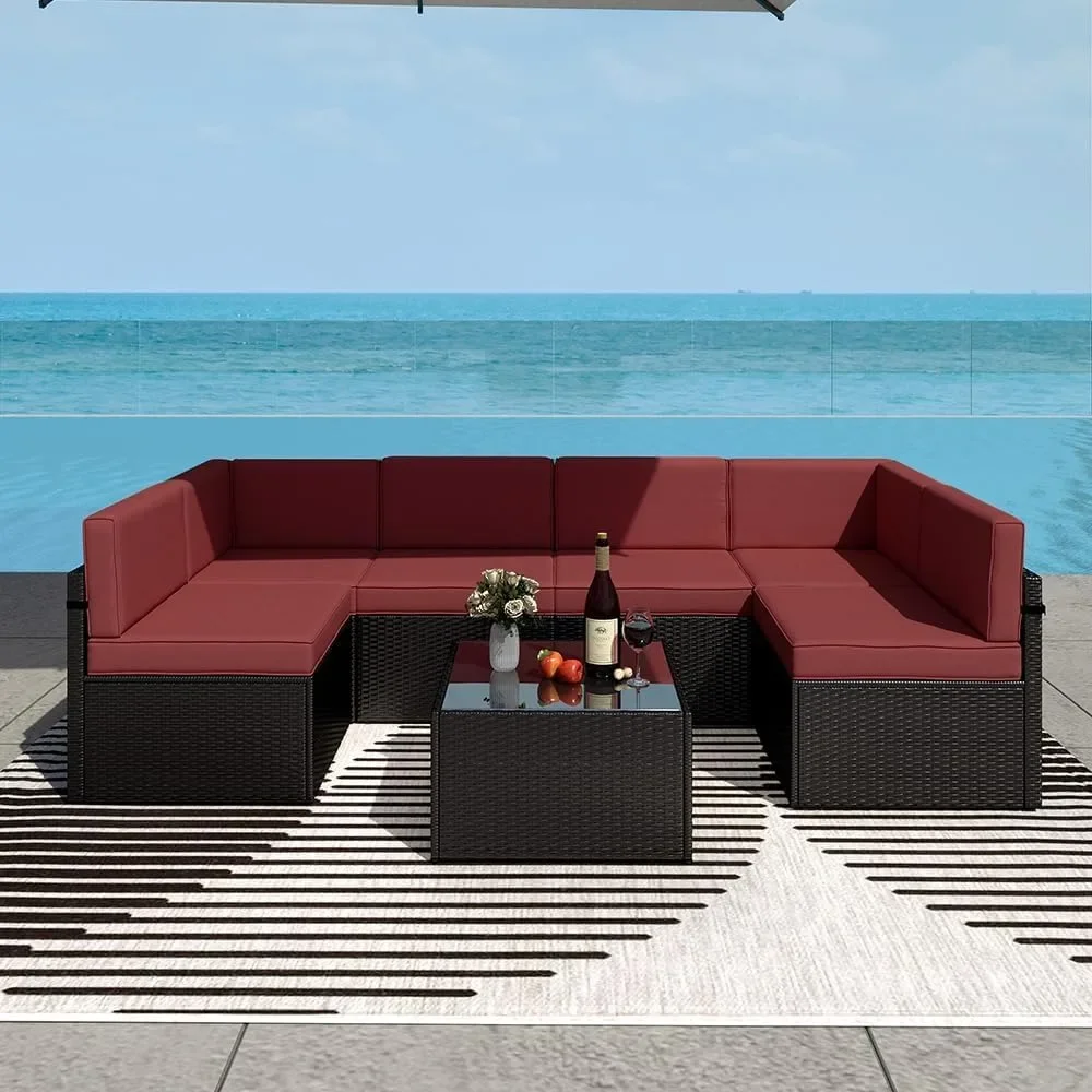 

7 pcs Outdoor Patio Furniture PE Wicker Sectional Conversation Sofa Set