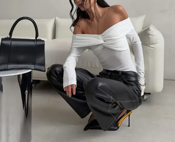 

Women's Slim Fit Long Sleeve T-Shirt Spring Autumn Fashion Solid Color Twisted Collar Top for Girls