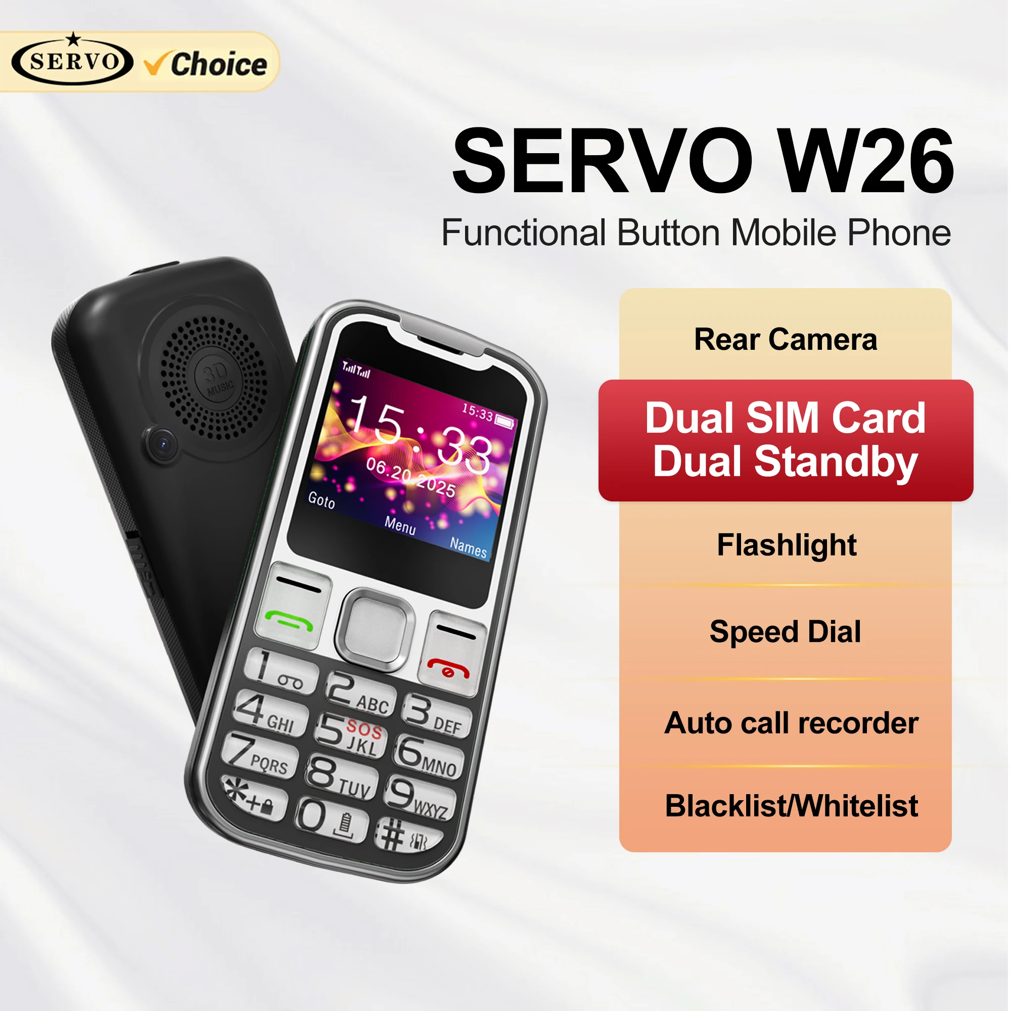 SERVO W26 Elderly Mobile Phone 2G GSM Bluetooth Dial-Up Blacklist Torch SOS Call Recording 2 SIM Card 2.2