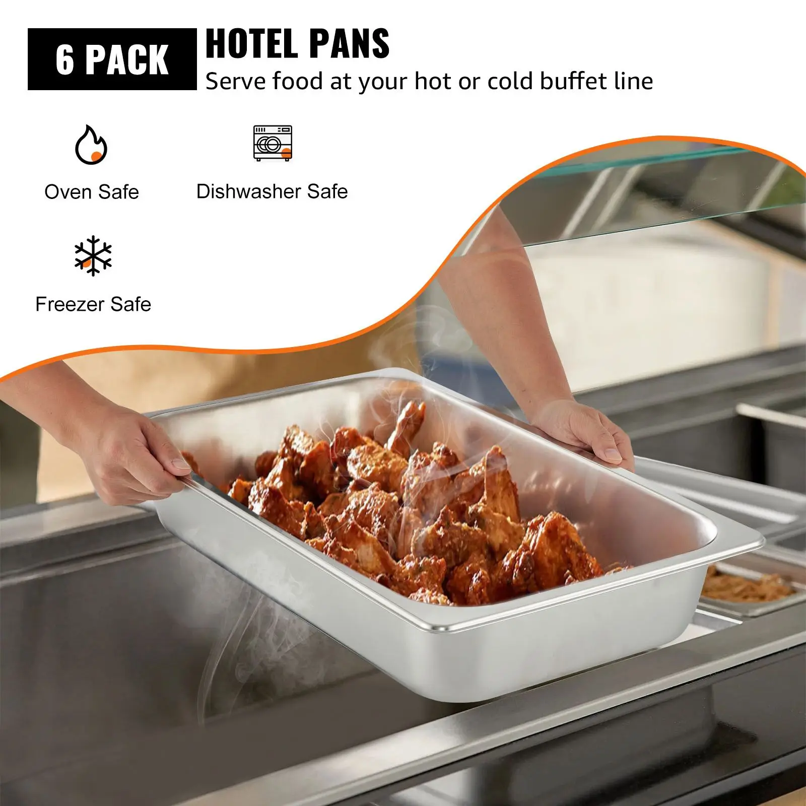 6 Pack Steam Table Pans 20.9 x 12.8 x 3.9 Inch Deep Full Size 13L Food Container Stainless Steel Oven Tray Hotel Anti-Jam