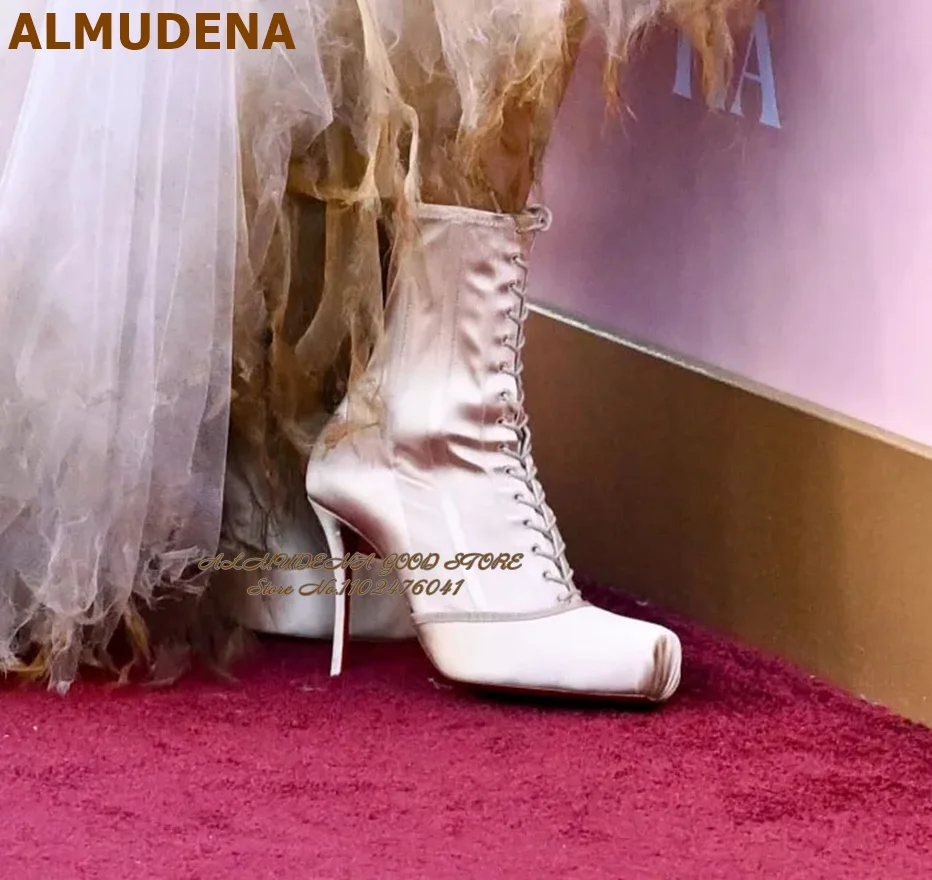 ALMUDENA Square Toe Satin Lace-Up Stiletto Ankle Boots Pink Black Silk Fabric Thin High Heel Booties Ribband Cross Tied Shoes