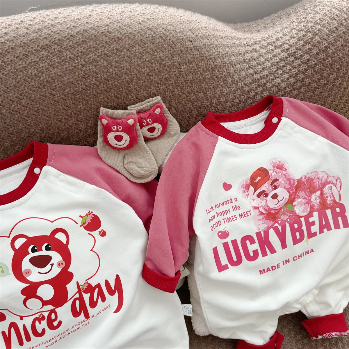 Spring and Autumn Disney New Cartoon Lotso Baby Clothes Red Baby Bear Jumpsuit Go Out Wear Cotton Soft Long-sleeved Clothes