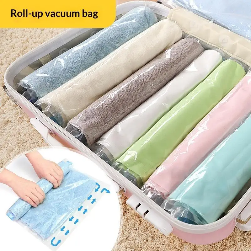 Reusable Travel Clothes Air Vacuum Bags Roll Up Compression Storage Bags For Suitcases Tops Pants Portable Foldable Storage Bag