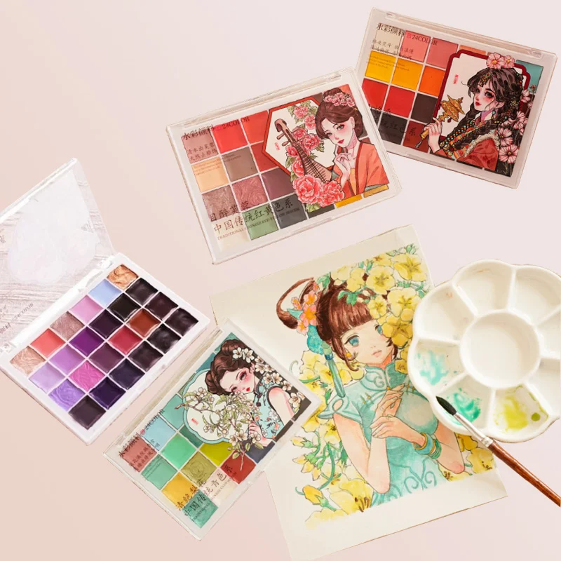 

24-цветный набор однотонных акварельных красок, легко размазывается, портативный для рисования, художественного творчества, маникюра, дизайна, упаковки, цветочной окрашивания