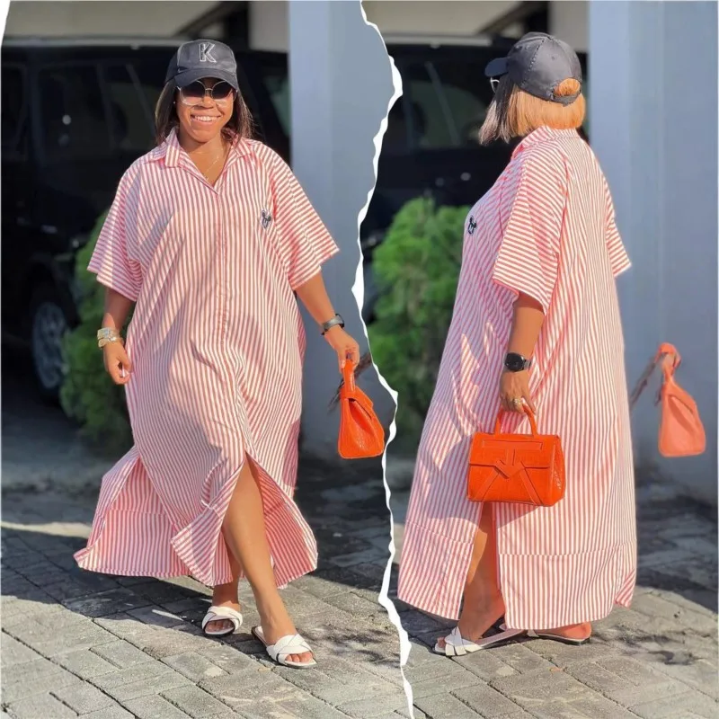 

Fashion Striped Shirt Dress Women's New Loose Lapel Neck Short Sleeve Button Long Robe Summer Lady Office Elegant Streetwear