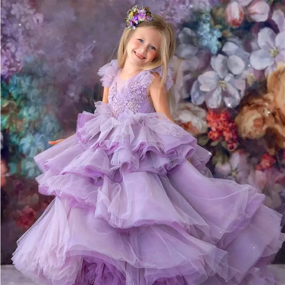 Princesa baile desfile primera comunión elegante tul púrpura encaje capas vestido de niña de flores niños sorpresa regalo de cumpleaños